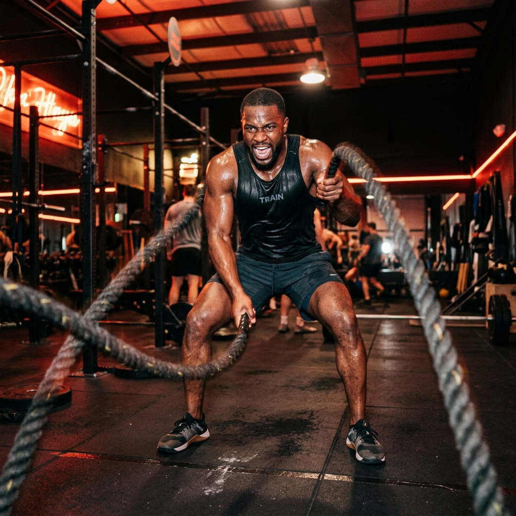 A powerful male athlete performing an intense barbell deadlift in a dark modern gym with dramatic orange spotlighting and motion blur effect, photorealistic, no woman